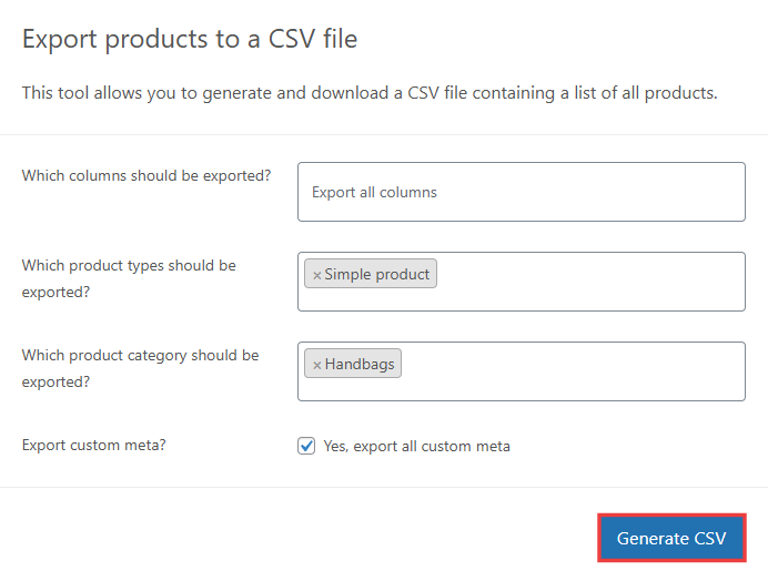 Formulario de configuración del archivo de exportación de WooCommerce con selecciones de ejemplo