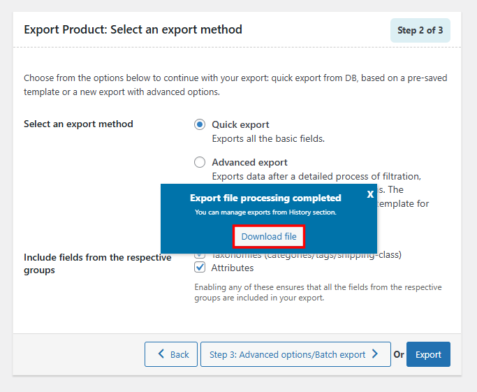 Mensaje de finalización del procesamiento de importación y exportación de productos y botón de descarga