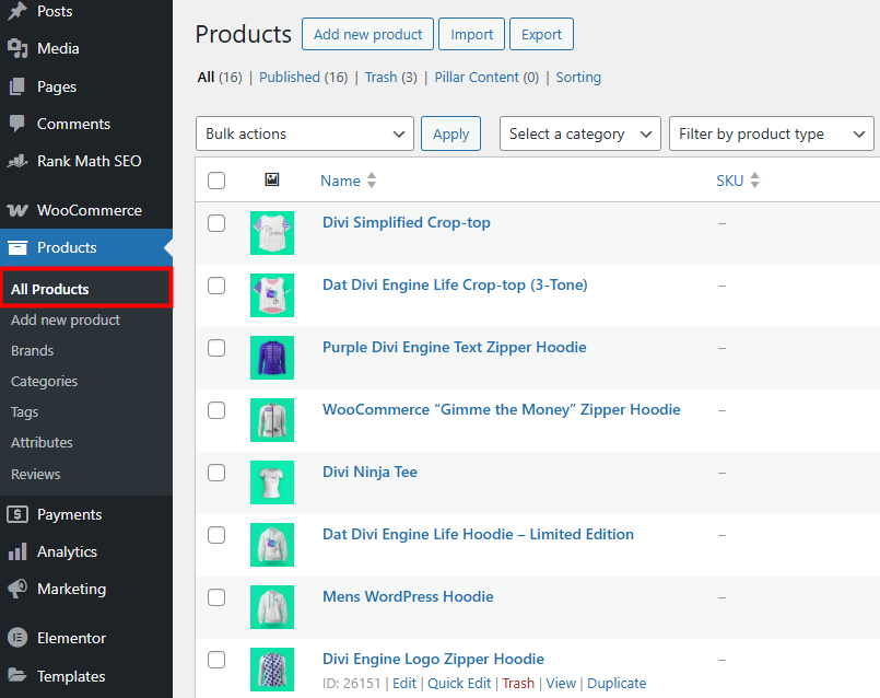 Escritorio de WordPress, donde se muestra el enlace del menú Todos los productos.