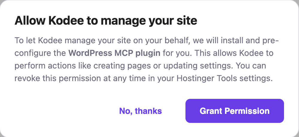 Kodee solicita permiso para administrar WordPress MCP.