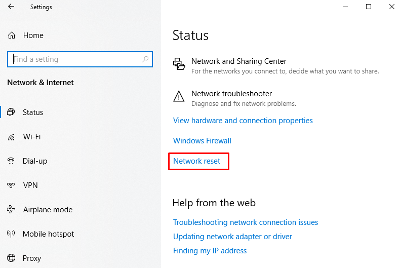 La configuración de Red e Internet de Windows en Estado, con la opción Restablecer red resaltada