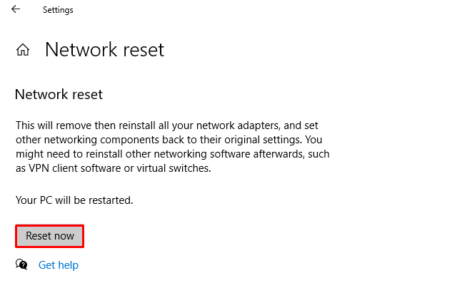 La ventana de diálogo de restablecimiento de red en Windows