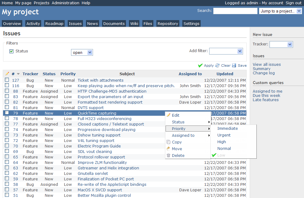 Lista de incidencias de Redmine