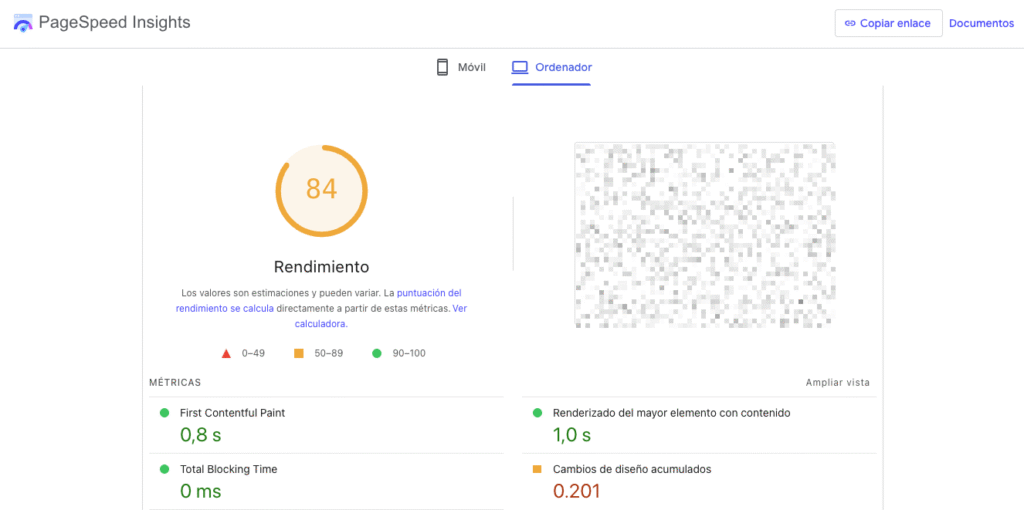 Captura de pantalla de PageSpeed Insights