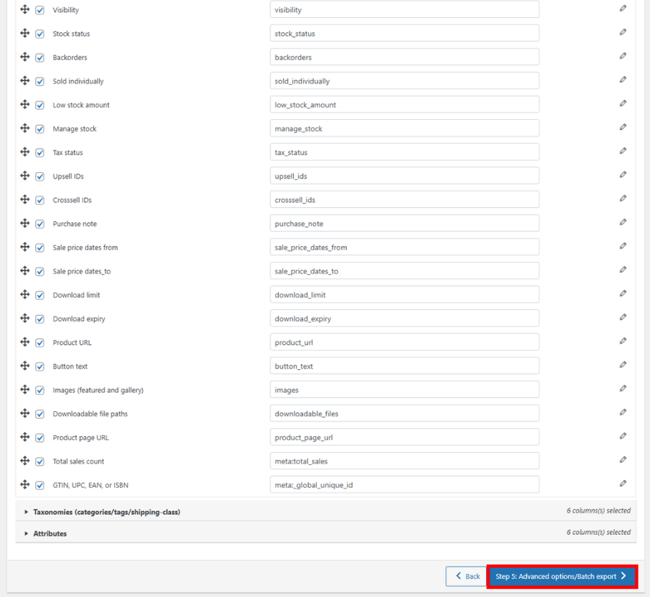 Paso 4 del proceso de importación y exportación de productos (exportación avanzada): asigna los datos a las columnas CSV