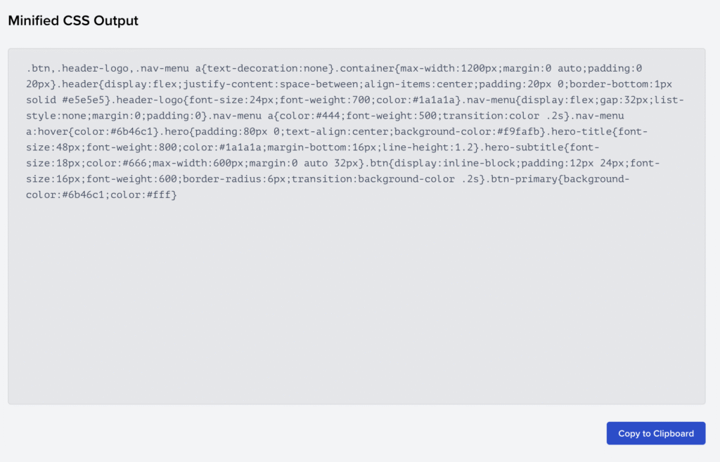 Salida de CSS minificado mostrada en Toptal CSS Minifier con un botón para copiar