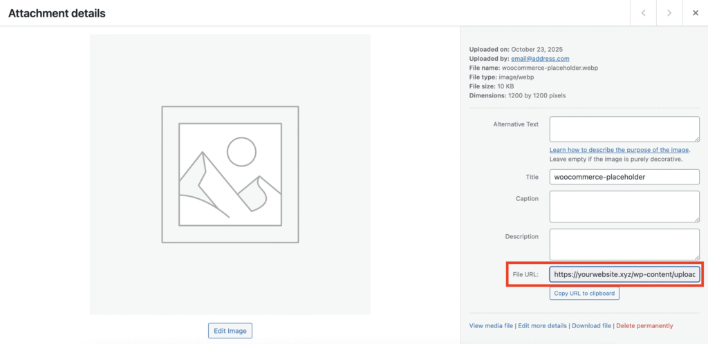La URL de una imagen en la biblioteca de medios de WordPress
