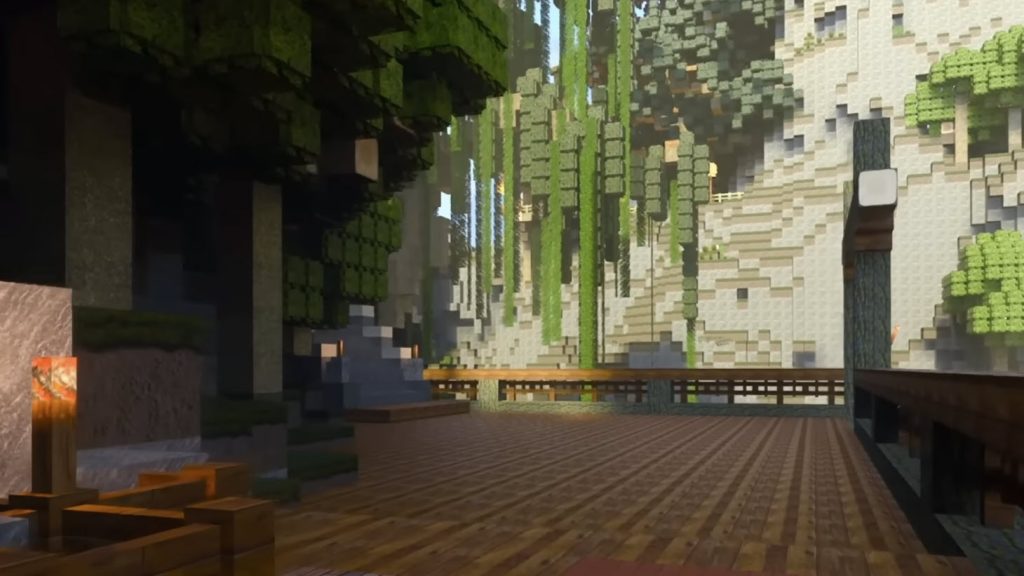 Una captura de pantalla de un video de YouTube que muestra una partida de Minecraft con mods y con el trazado de rayos activado