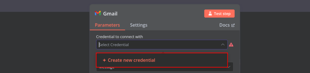 Mensaje de la integración de Gmail en n8n que muestra el botón para crear nuevas credenciales para la autenticación