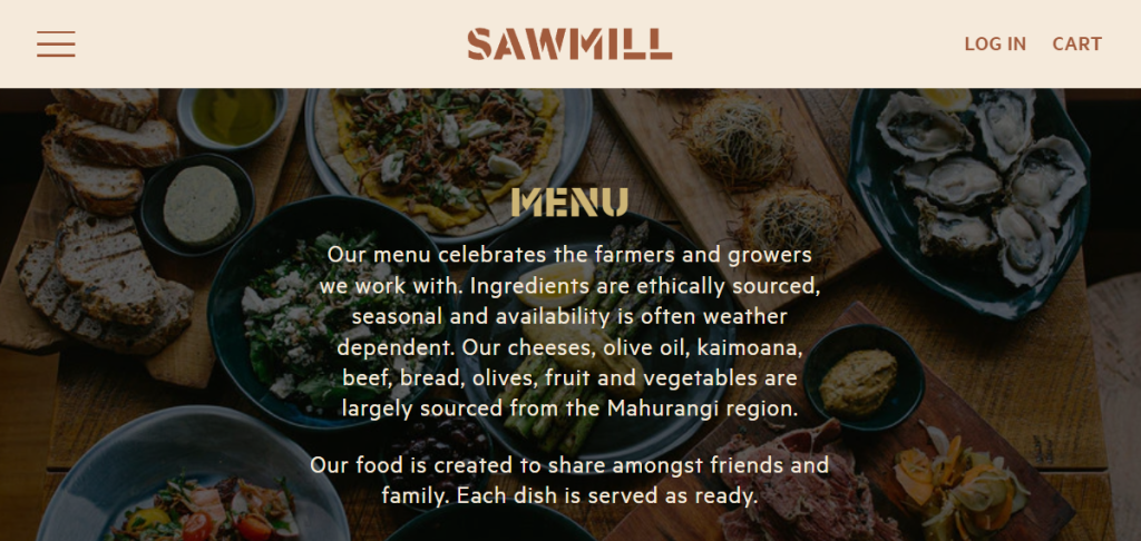 El enfoque de abastecimiento de Sawmill Brewery destacado en su página de Menú