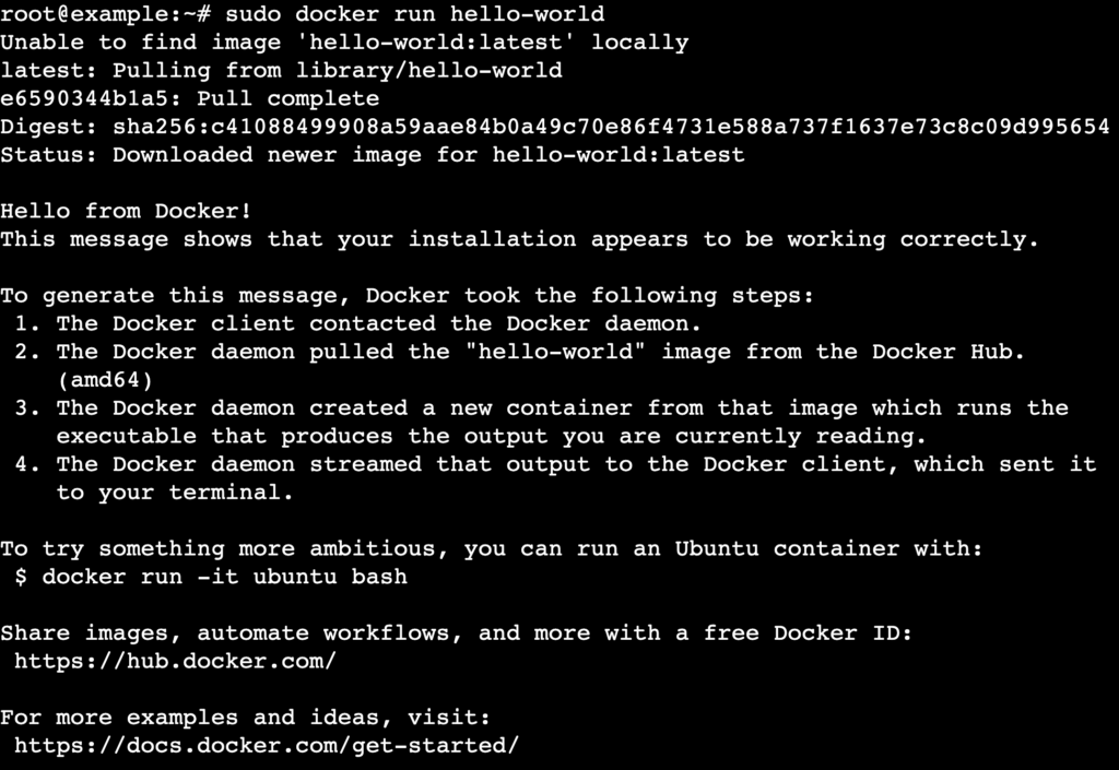 Una salida de la terminal que muestra el mensaje de éxito al descargar la imagen de prueba hello-world