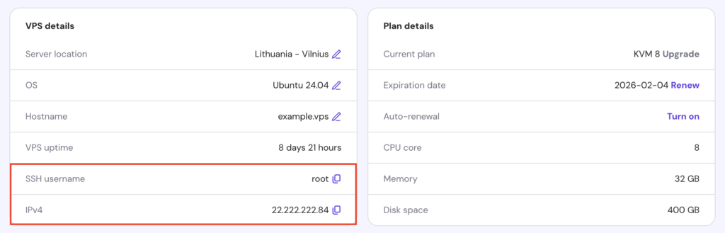 El nombre de usuario de SSH y la información de IPv4 en la página Resumen del VPS de hPanel