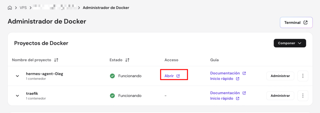 Sección de Abrir Hermes Agent en hPanel
