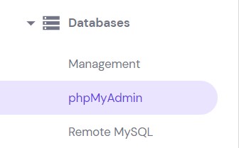 phpMyAdmin resaltado en el menú lateral izquierdo de hPanel