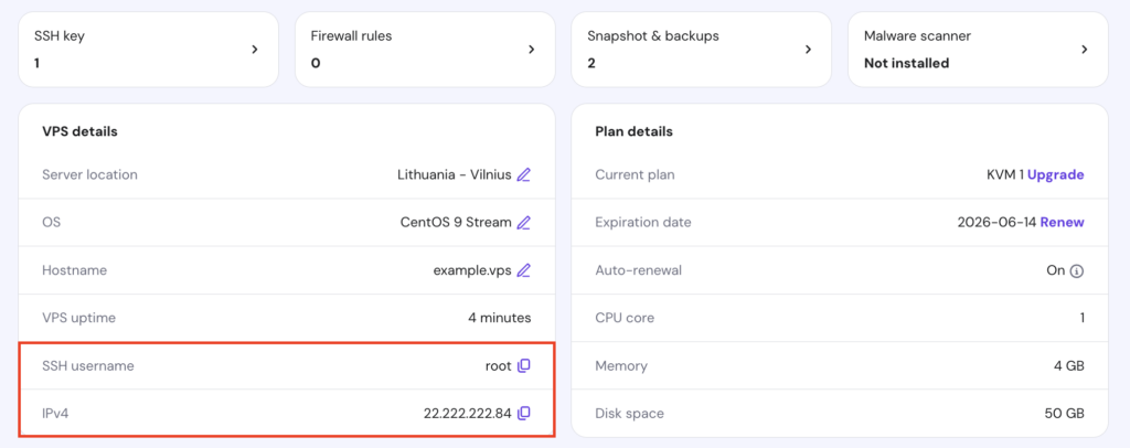 Las credenciales SSH en la página Resumen del VPS de hPanel