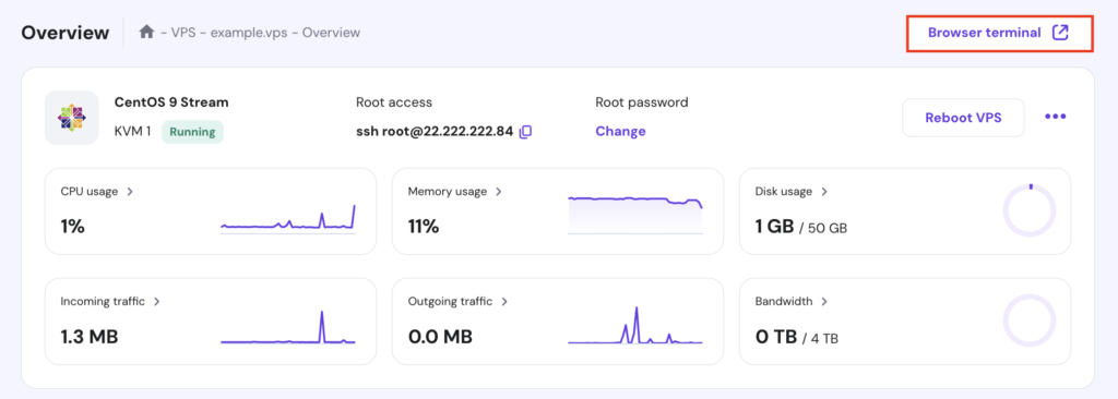 El botón de terminal en el navegador en la página Resumen de VPS de hPanel