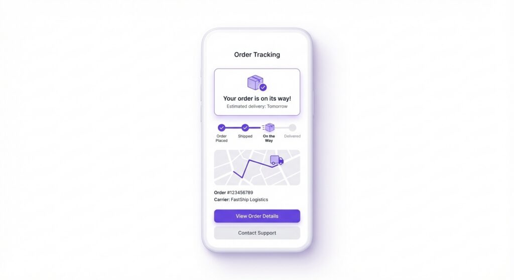 Ilustración de notificación móvil que muestra el seguimiento y el estado de un pedido: cómo ganar dinero con el dropshipping