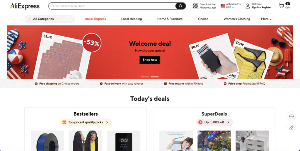 Página de inicio de AliExpress con un banner de oferta de bienvenida y ofertas diarias