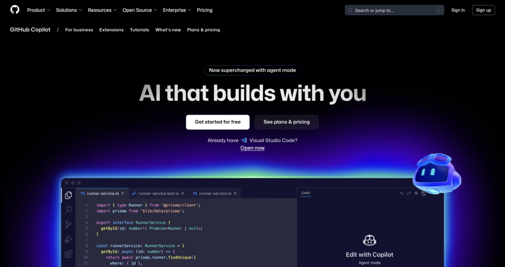 Página de inicio de GitHub Copilot