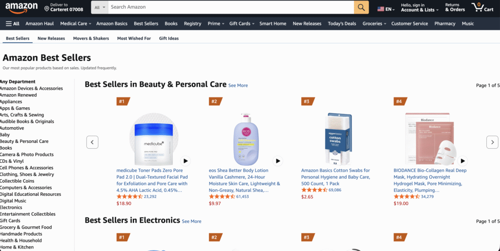 Página de los más vendidos de Amazon con productos de belleza y cuidado personal