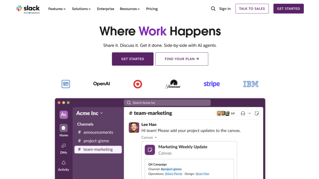 Página principal de Slack