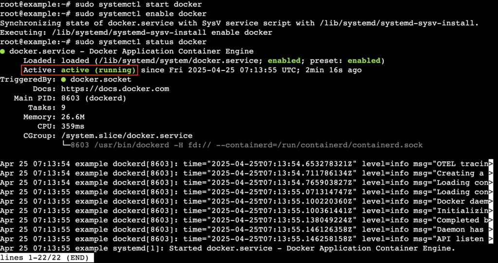 Una salida de terminal que muestra un estado activo (en ejecución) del servicio de Docker