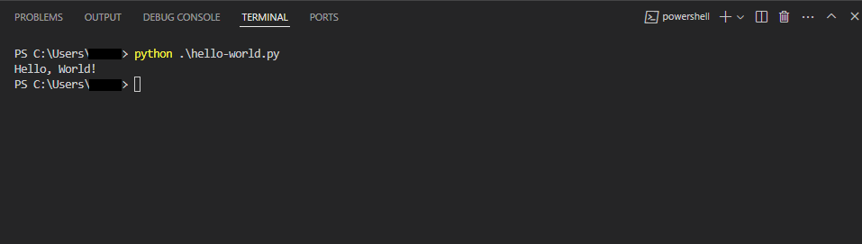 Ventana de la terminal de Visual Studio Code