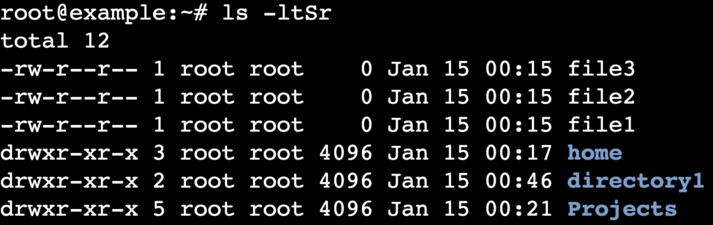 La salida del comando ls -ltSr en la terminal
