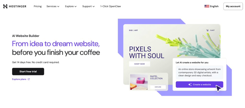 Página principal del creador de sitios web con IA de Hostinger