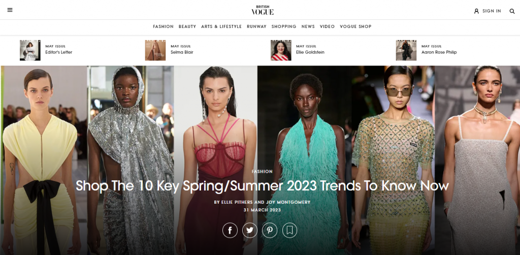 El artículo «Compra las 10 tendencias clave de primavera/verano 2023 que debes conocer ahora» del sitio web de British Vogue