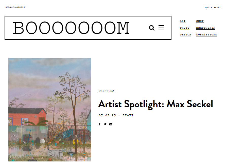Artículo de la sección Artist Spotlight en el sitio web de Booooooom sobre Max Seckel