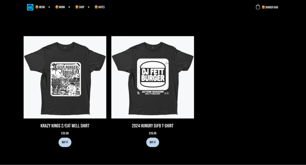 La tienda de arte en línea de Fettburger con la categoría de camisetas a la vista

