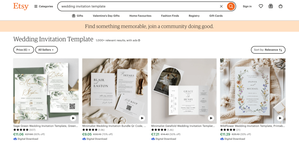 Plantillas de invitaciones de boda en Etsy
