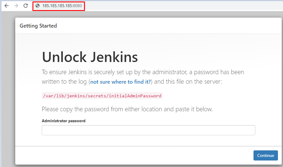 Una ventana del navegador web para la configuración inicial de Jenkins. El borde rojo muestra un ejemplo de dirección IP con el puerto 8080.