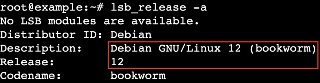 Una salida de la terminal que muestra la versión de Debian instalada