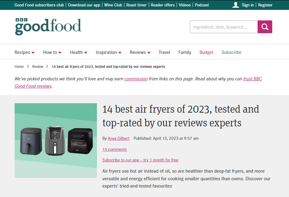 El artículo «Las 14 mejores freidoras de aire de 2023» en el sitio web de BBC Good Food