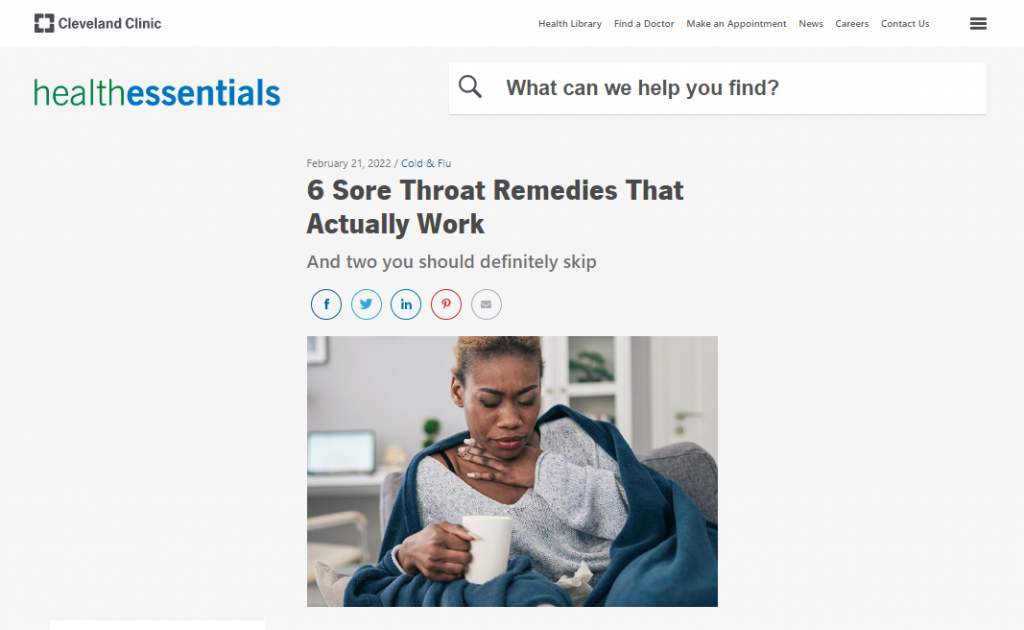 El artículo “Los 6 remedios para el dolor de garganta que de verdad funcionan” en el sitio web de Cleveland Clinic