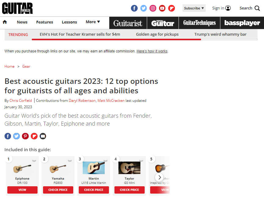 El artículo «Las mejores guitarras acústicas de 2023: 12 opciones destacadas para guitarristas de todas las edades y niveles» en el sitio web de Guitar World