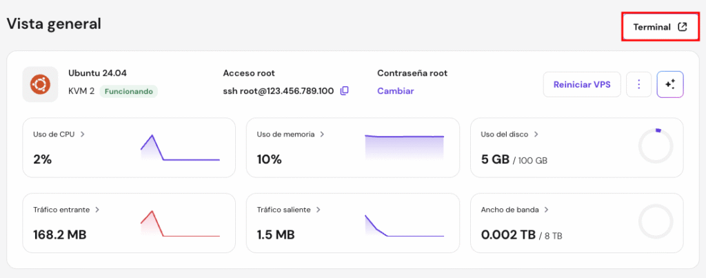 El botón Browser terminal en la página Overview del VPS de hPanel