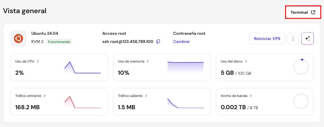 El botón Browser terminal en la página Overview del VPS de hPanel