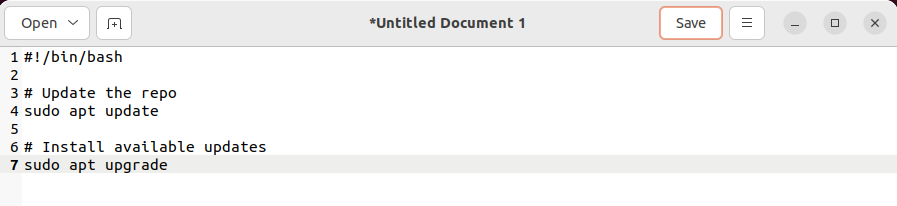 Contenido de un archivo .sh en un editor de texto con interfaz gráfica
