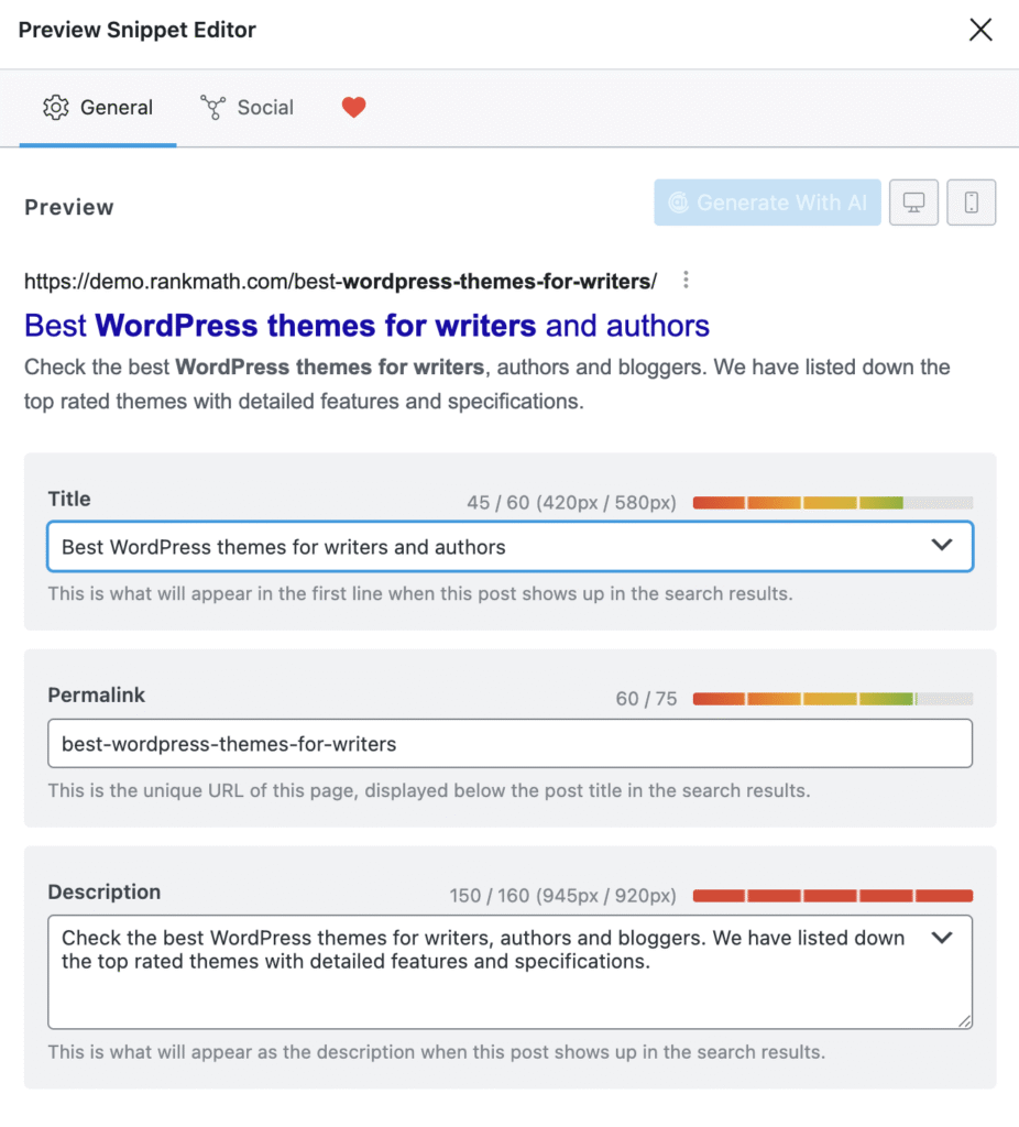 Editor de vista previa del snippet de Rank Math en WordPress