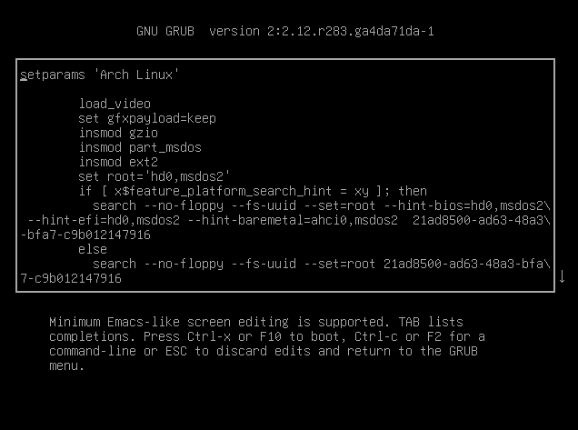 El menú de GRUB de un sistema Arch Linux