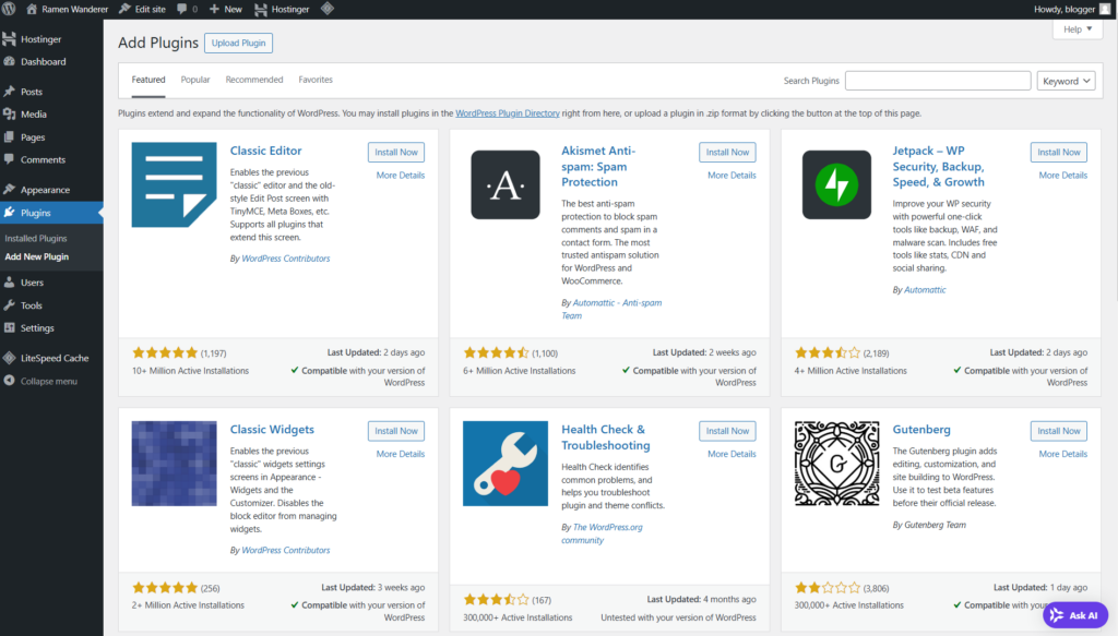 La interfaz de WordPress para añadir un nuevo plugin