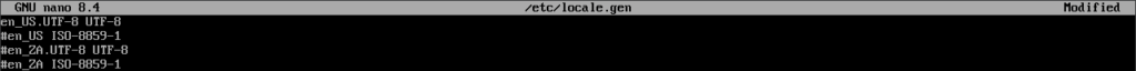 La configuración regional seleccionada en el archivo de configuración regional de Arch Linux