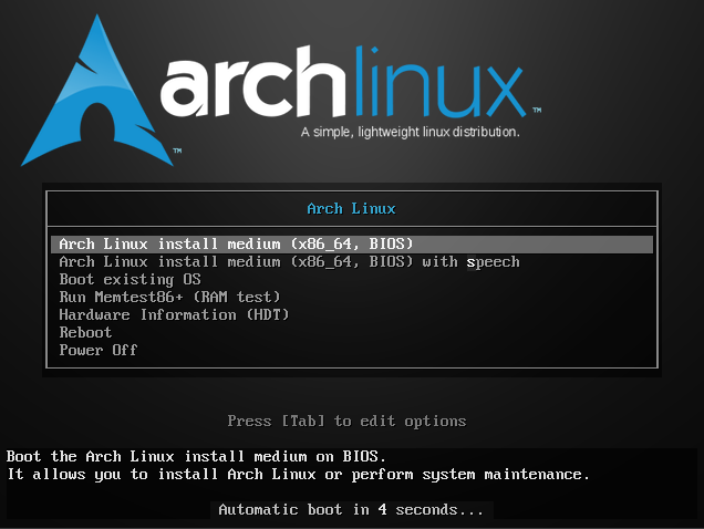 La opción de arranque de Arch Linux