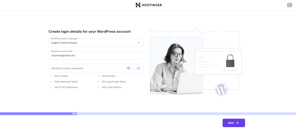 La página para crear una nueva cuenta de WordPress durante la configuración inicial de Hostinger