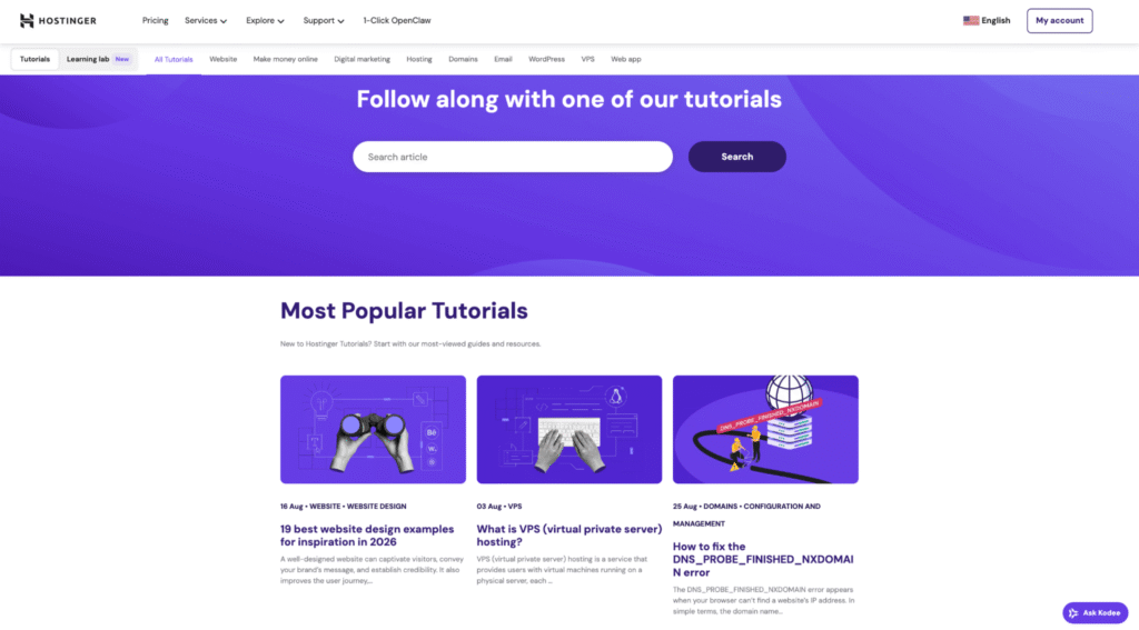 Página de inicio de Tutoriales de Hostinger