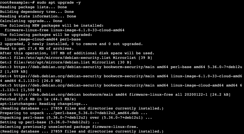 Una salida de terminal que muestra el proceso de actualización de paquetes de Debian