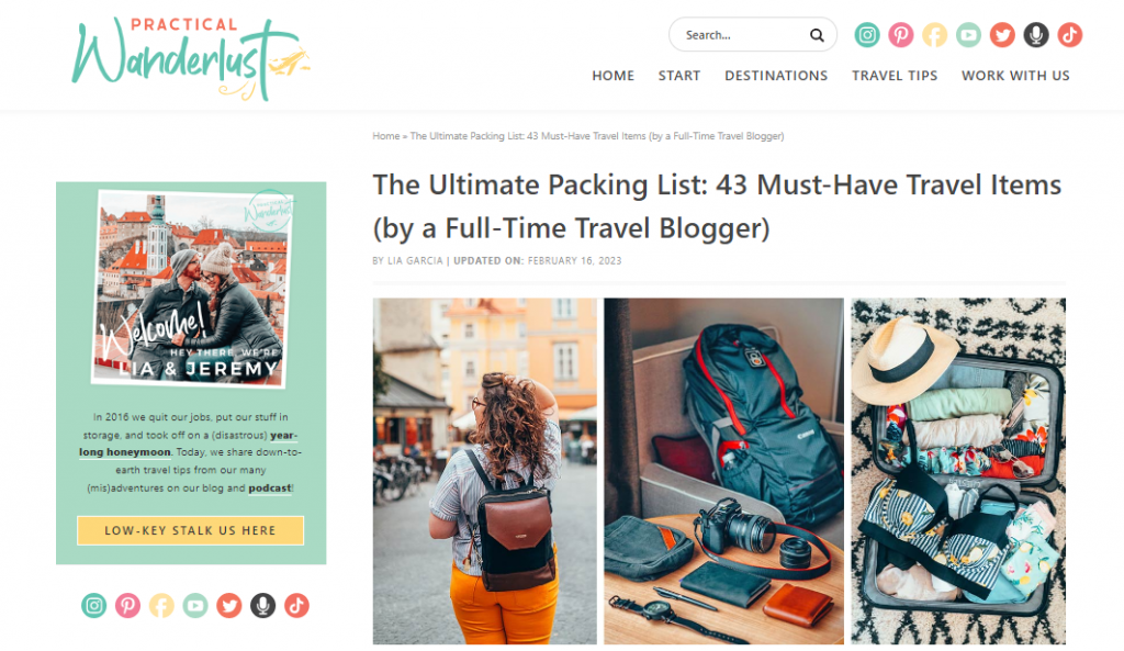La guía definitiva para hacer la maleta: 43 artículos de viaje imprescindibles (según una bloguera de viajes a tiempo completo) artículo en el sitio web de Practical Wanderlust